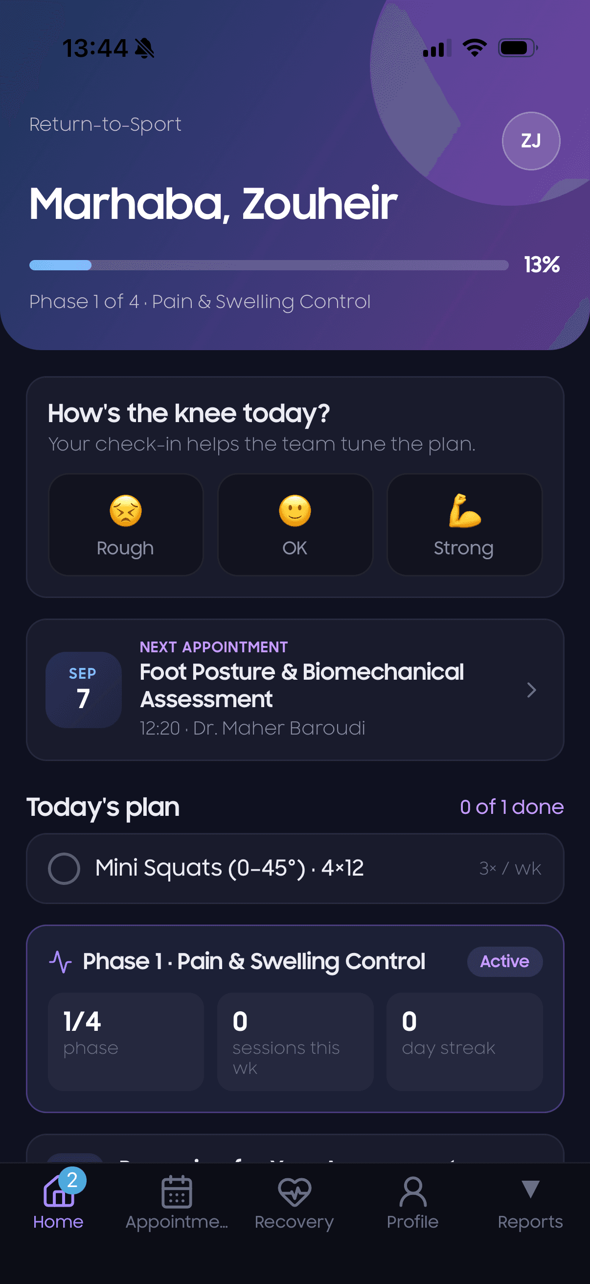 REGAIN patient app home screen showing recovery phase progress and the next appointment