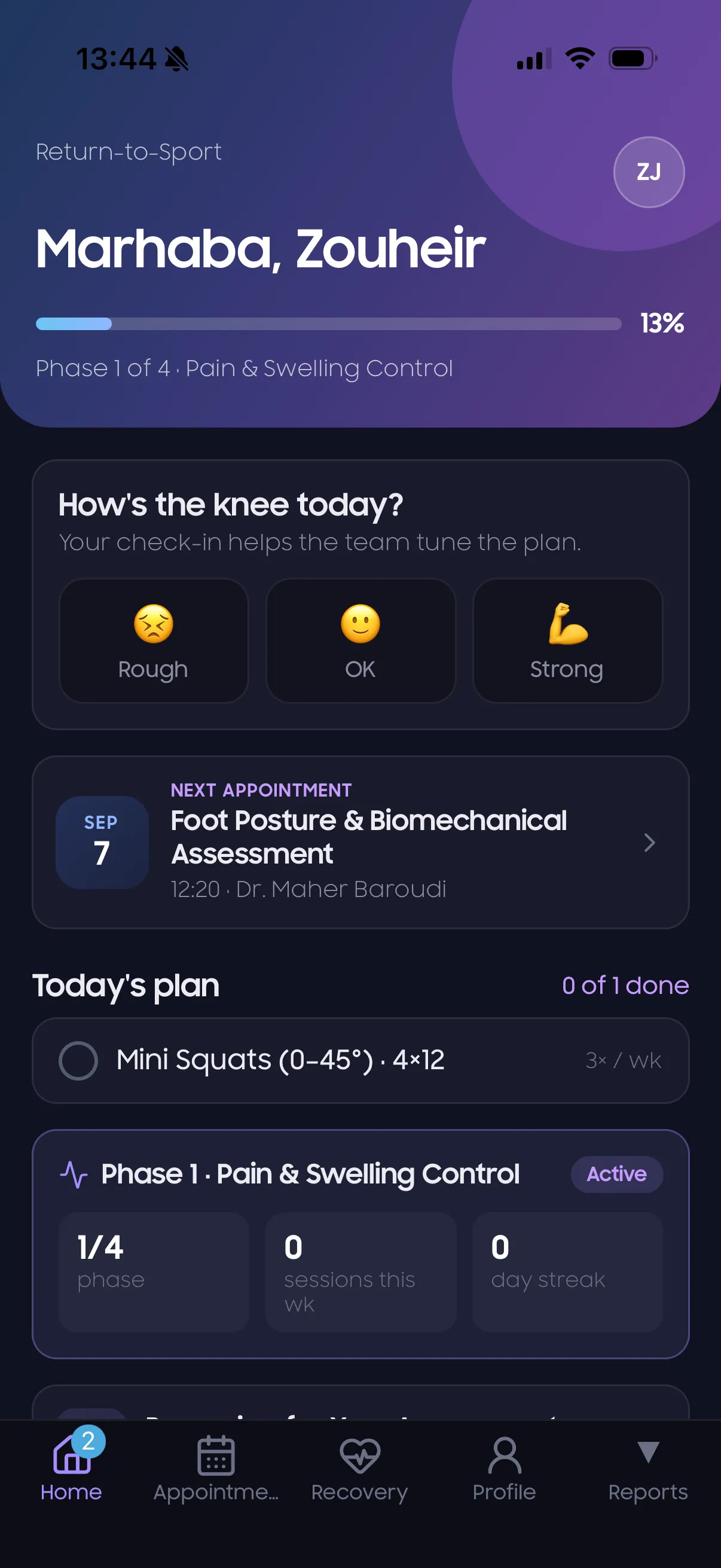 REGAIN patient app home screen showing recovery phase progress and the next appointment