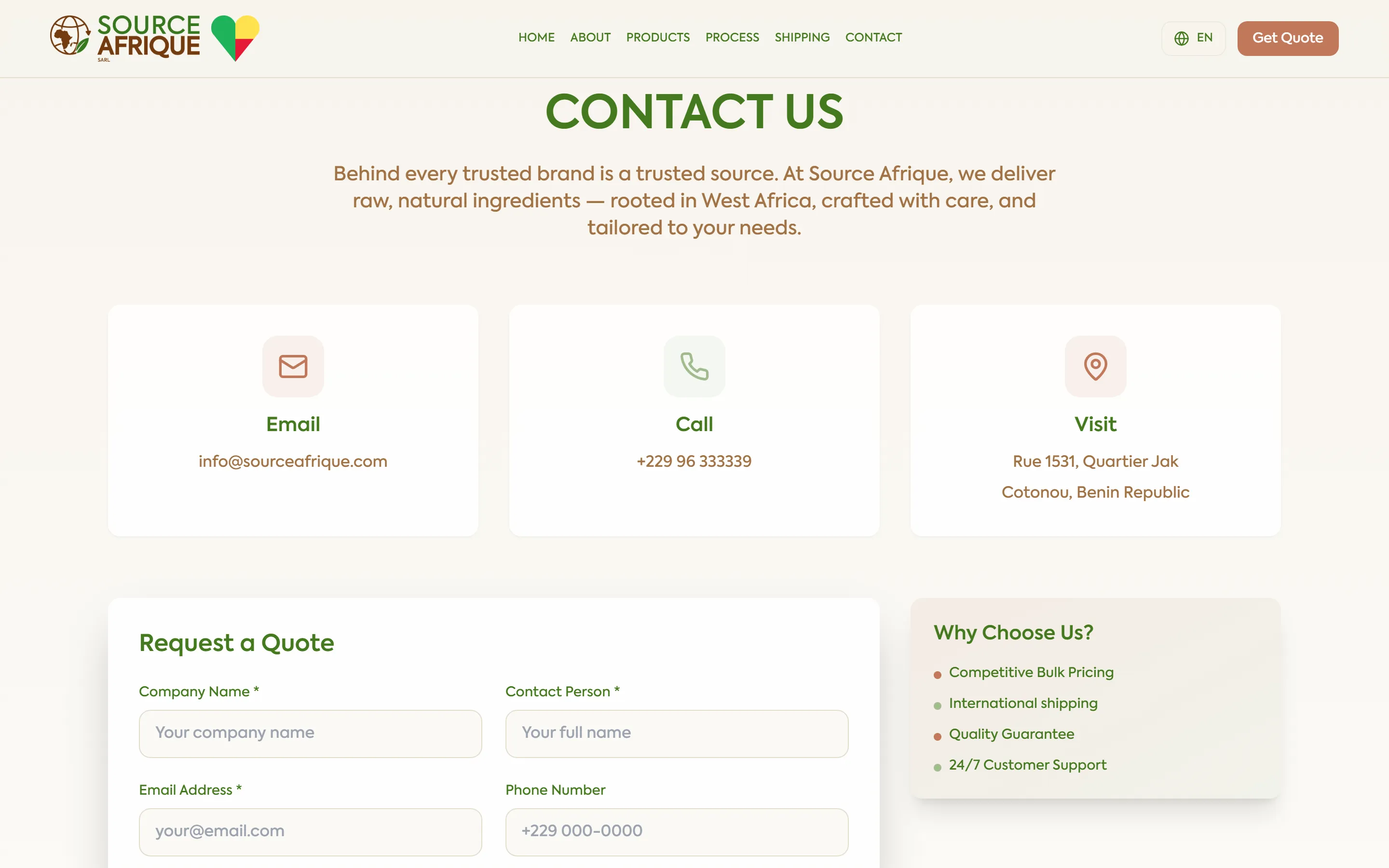 Source Afrique quotation request form capturing company, product and volume